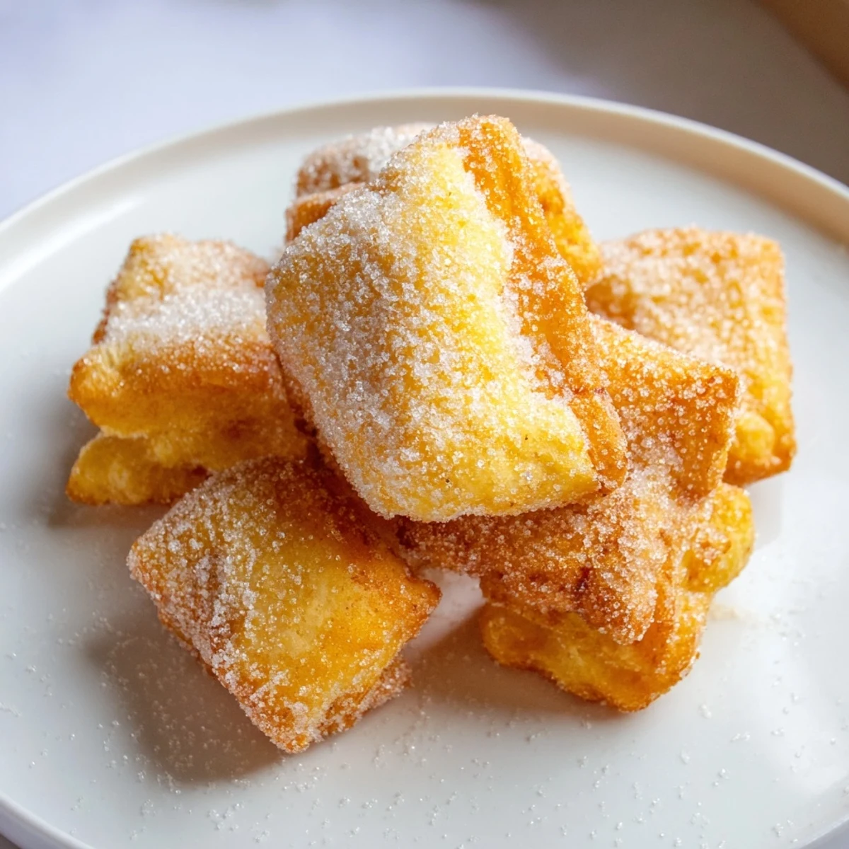 New Orleans-style Mardi Gras fried dough pieces, lightly drained and sugared, warm and inviting on a plate.