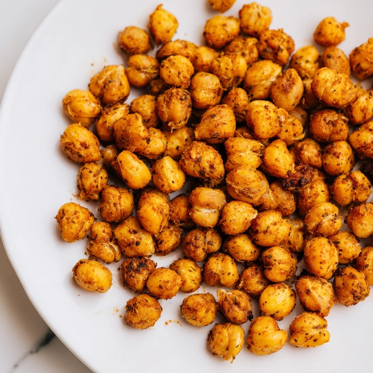 Golden-brown Cajun Spiced Roasted Chickpeas cooling on a rustic baking sheet, emitting a smoky, savory aroma perfect for snacking.  