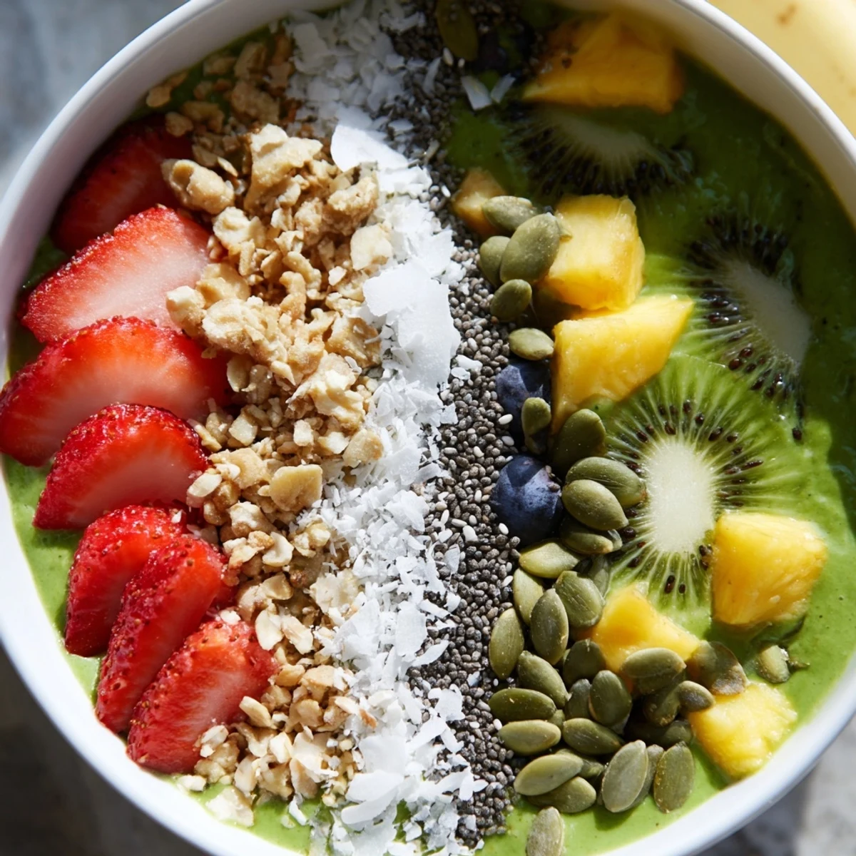 A vibrant green smoothie bowl topped with fresh strawberries, kiwi, granola, and chia seeds for a nutritious breakfast.