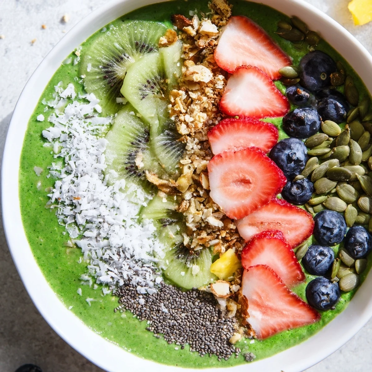Two servings of a creamy green smoothie bowl with tropical fruit, spinach, and colorful toppings on a light surface.