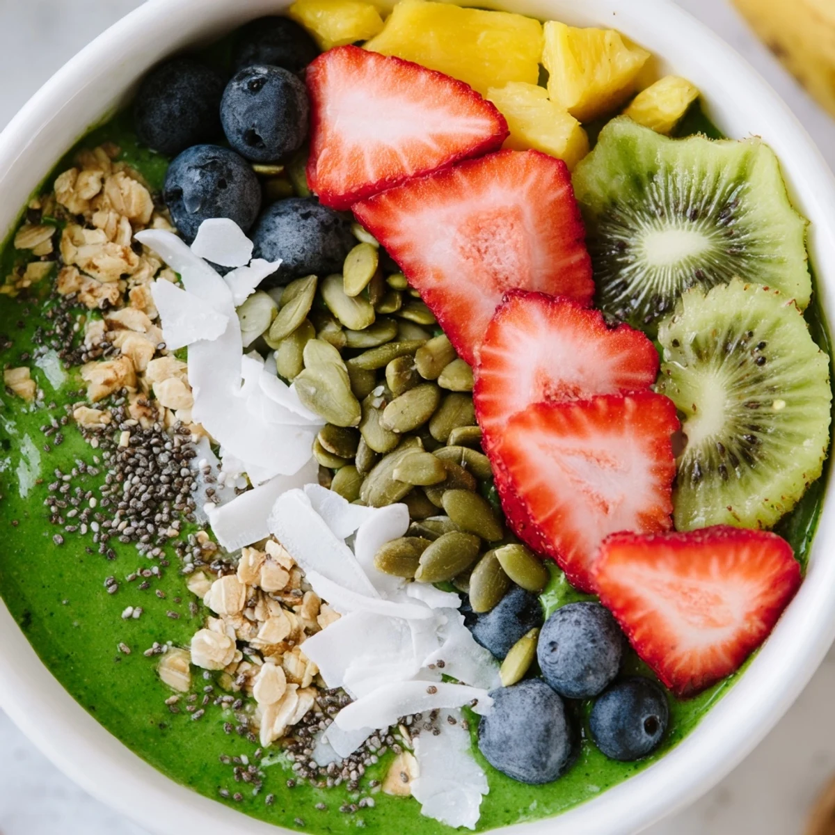 A close-up view of a green smoothie bowl with kale, banana, and mango, garnished with seeds and shredded coconut.