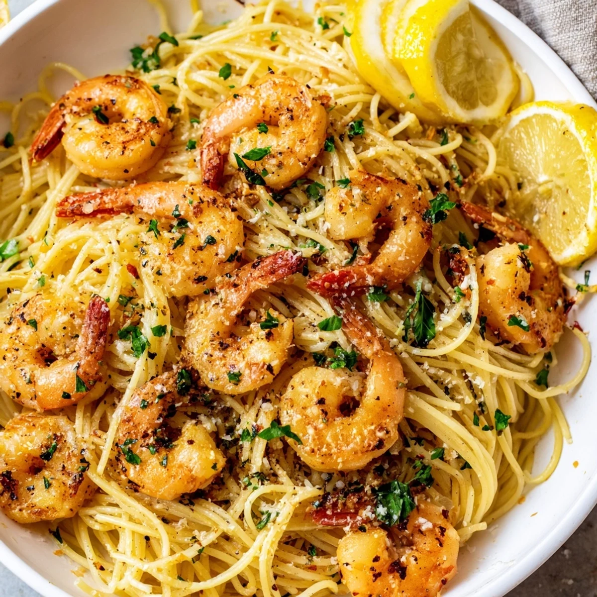 Golden Lemon Garlic Shrimp Pasta twirls in a white bowl, garnished with fresh parsley and Parmesan.  