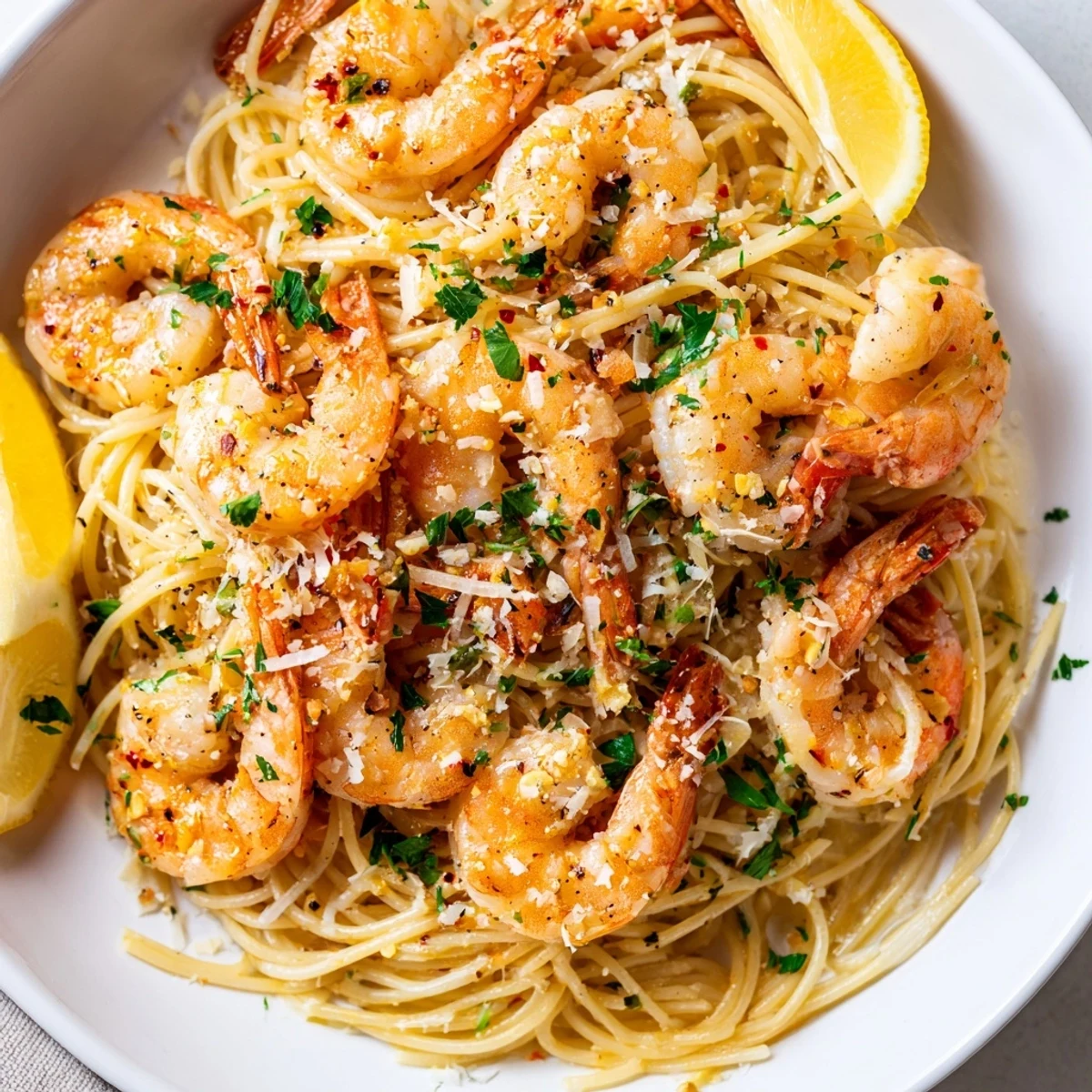 Al dente spaghetti with seared shrimp and garlic in a bright, lemony sauce, ready to serve.  