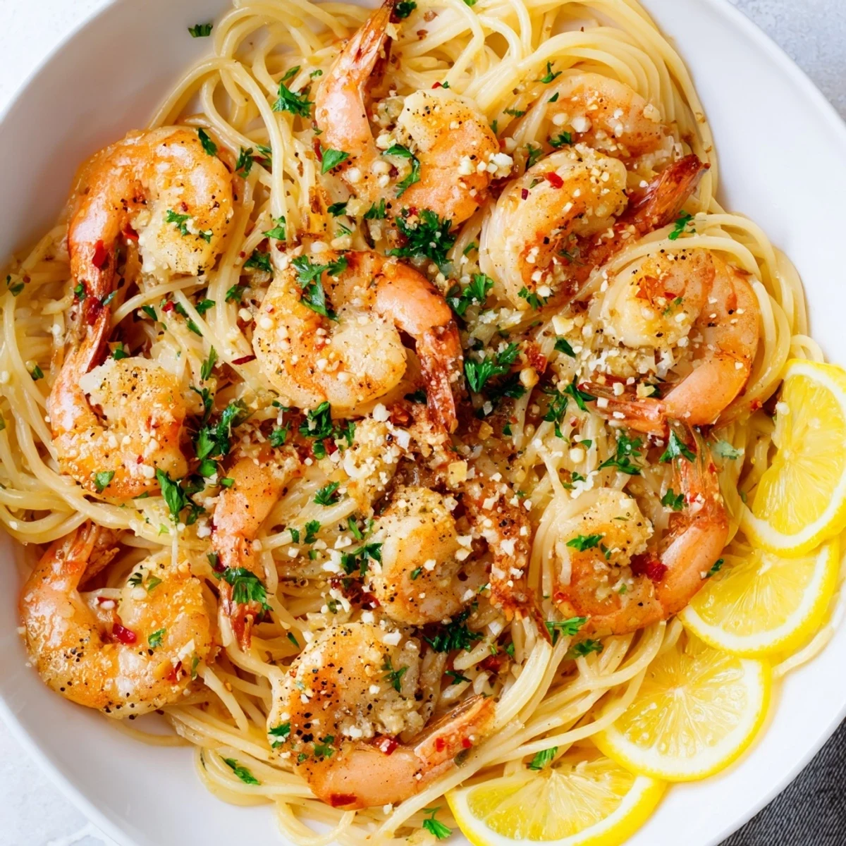 A close-up of succulent Lemon Garlic Shrimp Pasta, with lemon wedges and a glass of white wine.