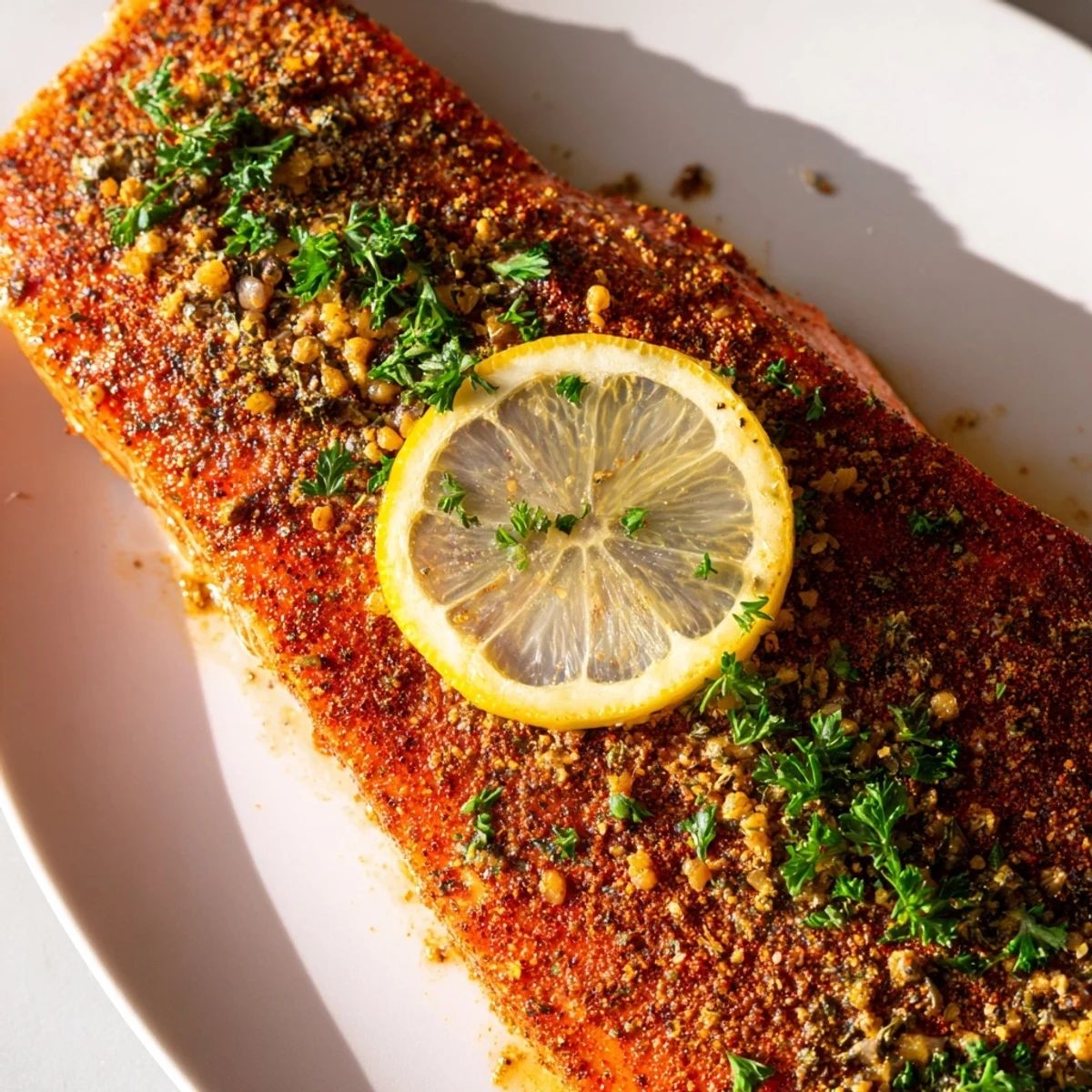 Golden baked salmon fillets with Cajun seasoning, garnished with lemon slices and fresh parsley on a rustic plate.