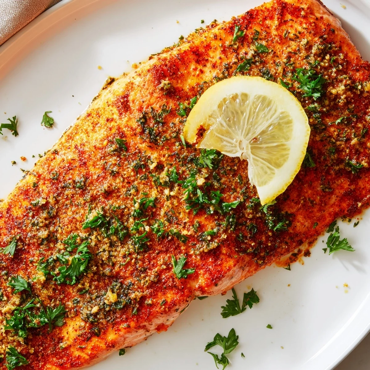 Flaky, juicy Baked Salmon with Cajun Seasoning ready to serve, paired with roasted vegetables and a bright lemon wedge.