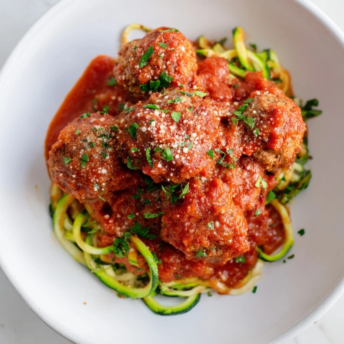 Golden turkey meatballs with zucchini noodles in a rich tomato sauce, ready to serve for a healthy low carb dinner.