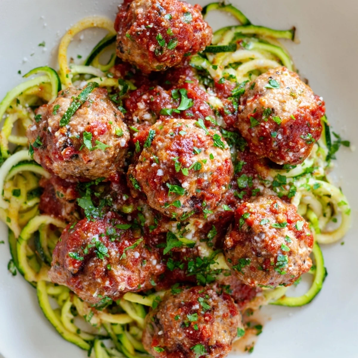 A close view of juicy turkey meatballs simmering with zucchini noodles and basil tomato sauce on a white plate.
