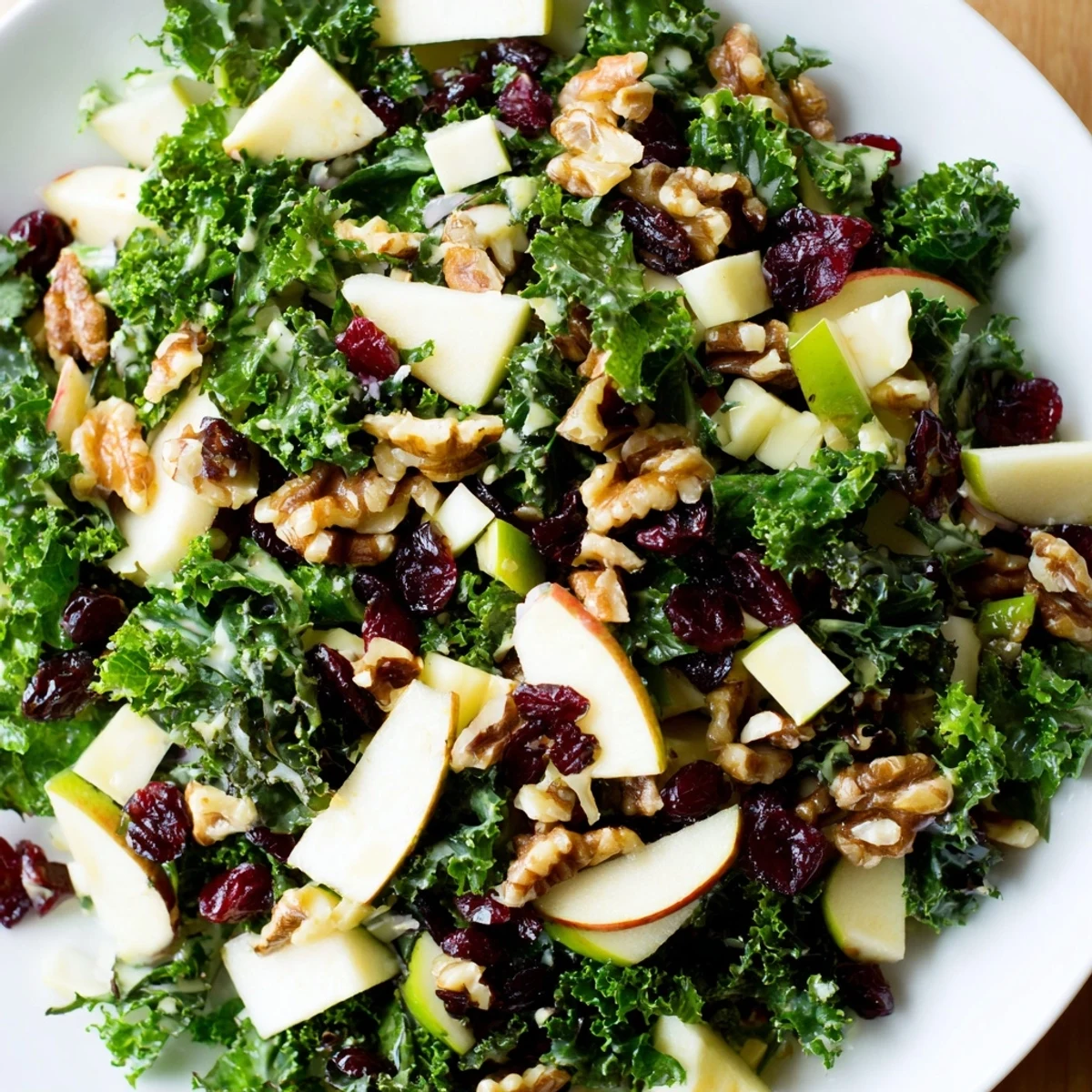 Winter Kale Salad with Apple and Cheddar plated in a rustic bowl with bright vinaigrette and pumpkin seeds scattered on top.
