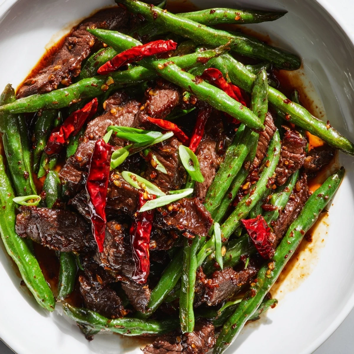 Blistered green beans and tender beef stir-fried in a spicy Szechuan sauce for a vibrant main dish.  