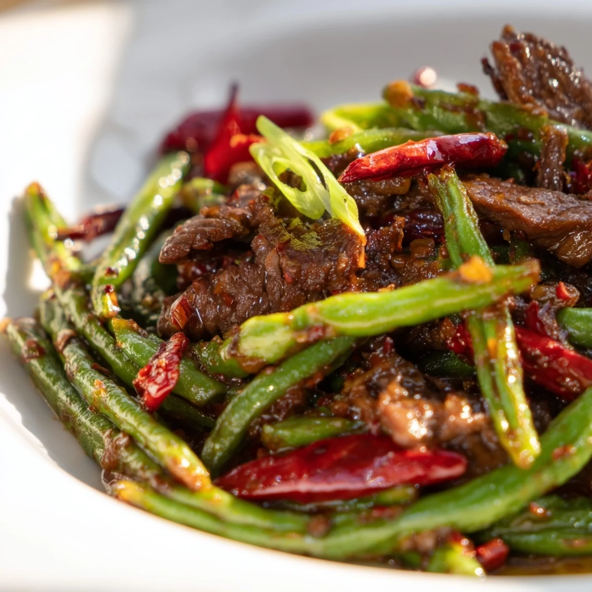 Spicy Szechuan green beans with beef served hot over steamed jasmine rice for a complete meal.