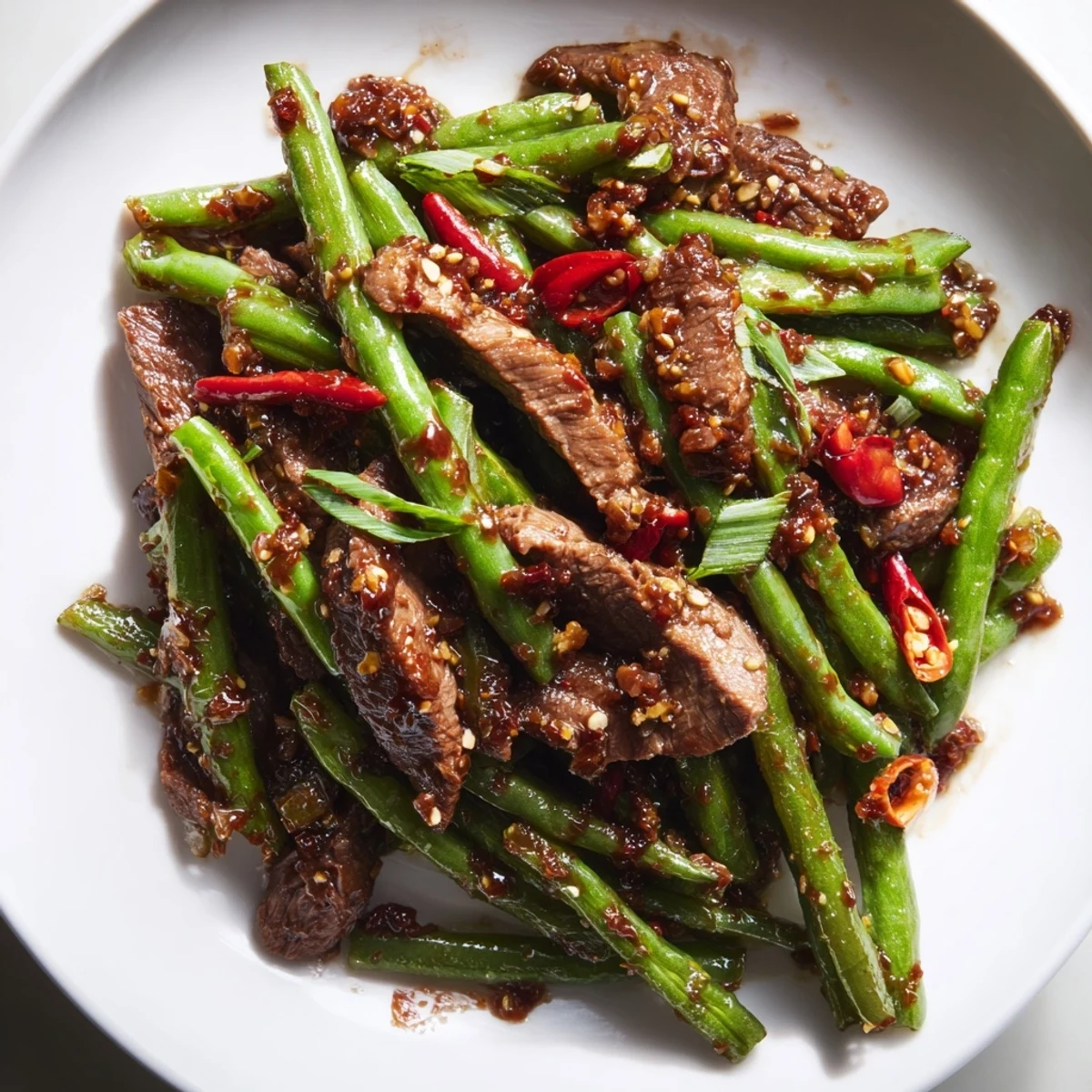 A close-up of spicy Szechuan green beans with beef garnished with sesame seeds and scallions.  