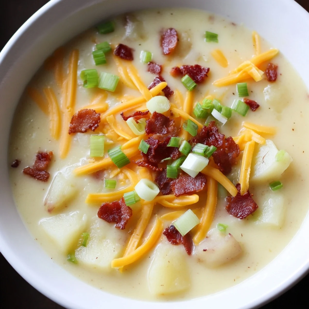 Creamy Potato Soup with Cheese and Bacon steaming in a rustic bowl, topped with crispy bacon bits and melted cheddar.