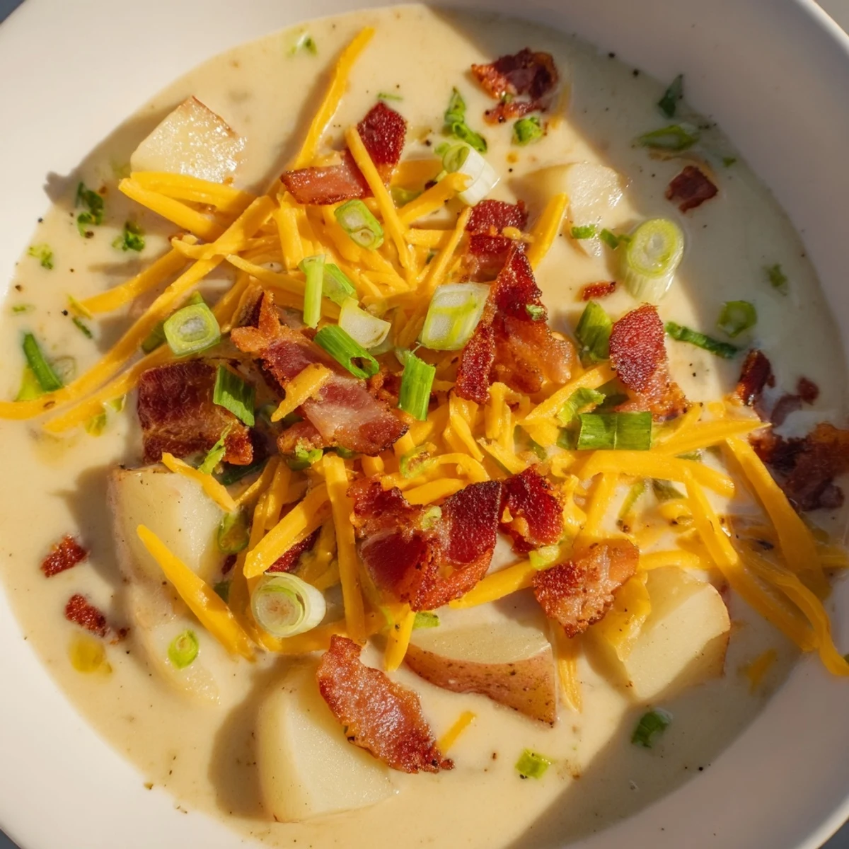 A spoon dips into Creamy Potato Soup with Cheese and Bacon, revealing a rich, velvety broth and tender potato chunks.