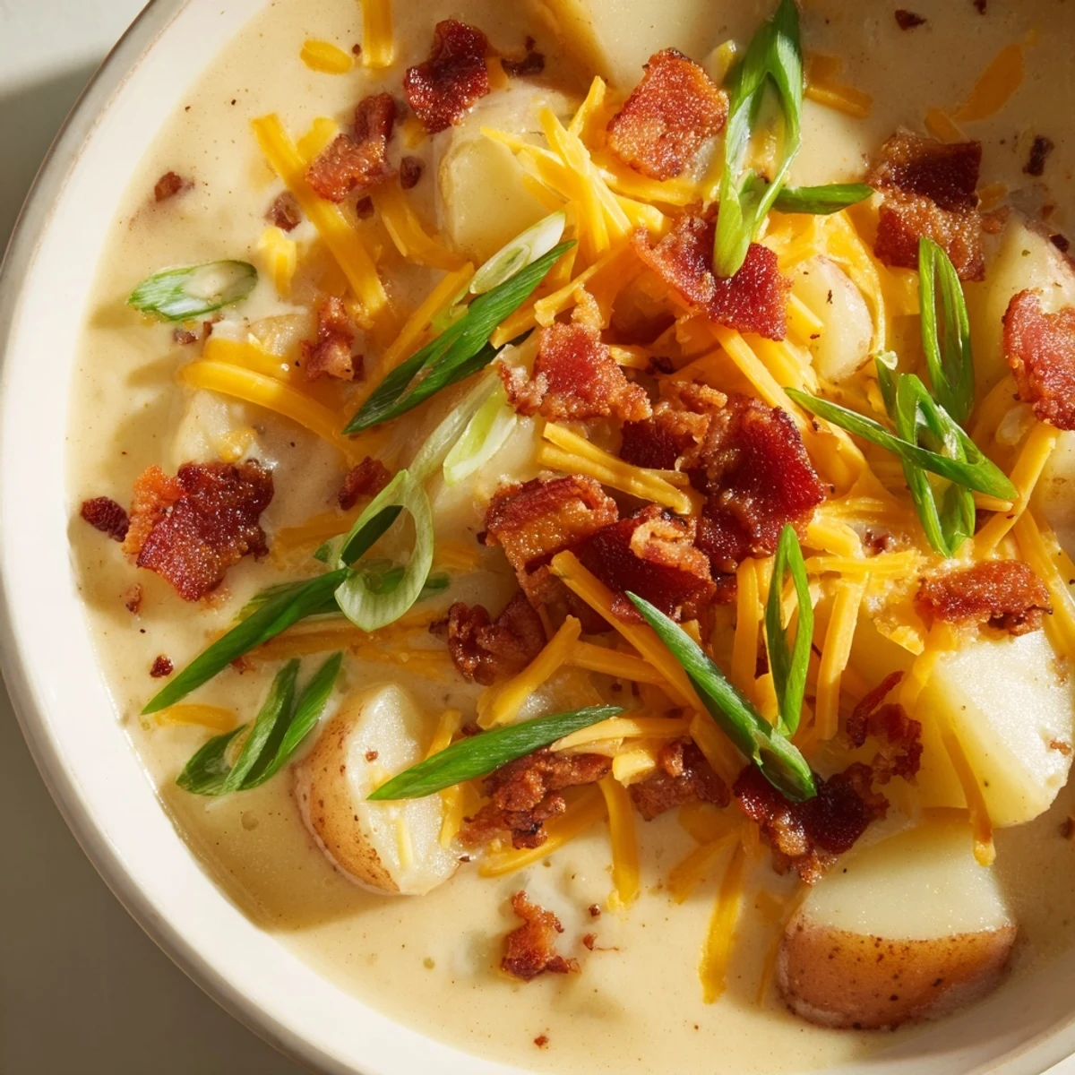 Serving Creamy Potato Soup with Cheese and Bacon in a cozy kitchen, garnished with fresh chives and green onions.