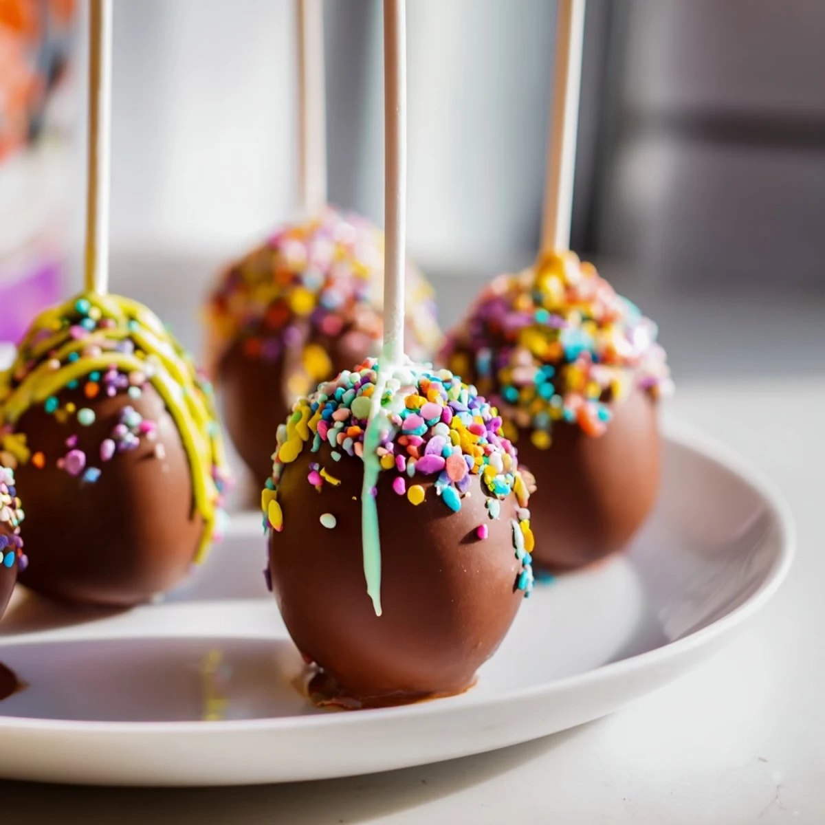 Vibrant Easter Egg Cake Pops on sticks, dipped in pastel chocolate and sprinkles for spring festivities.