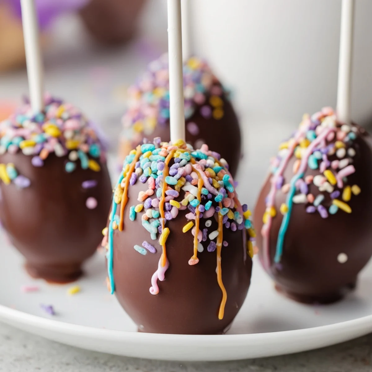 A close-up of decorated Easter Egg Cake Pops, showing moist crumbs and glossy coating on a marble surface.