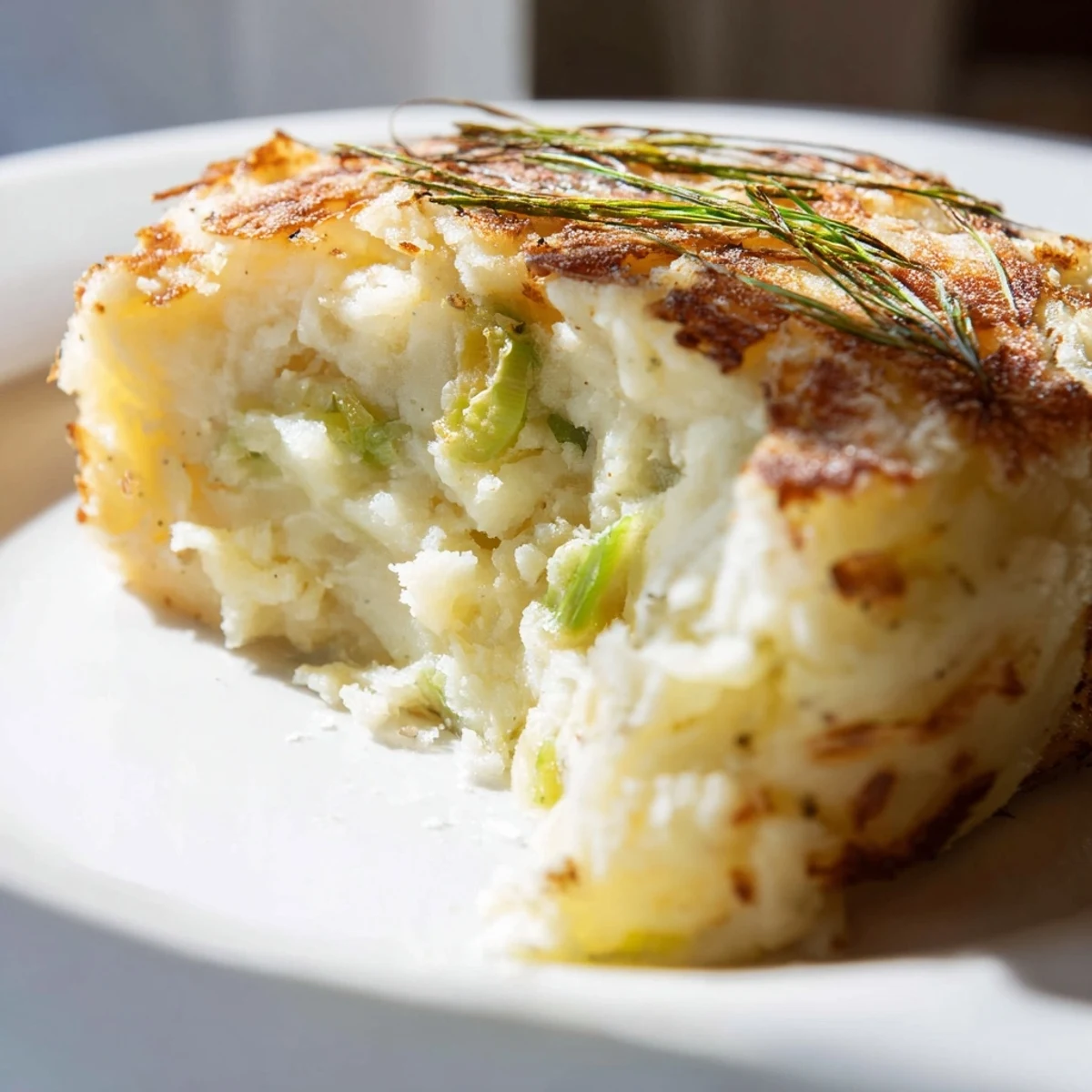 Fluffy homemade Irish Potato Cakes with Scallions served beside smoked salmon for a classic breakfast plate.