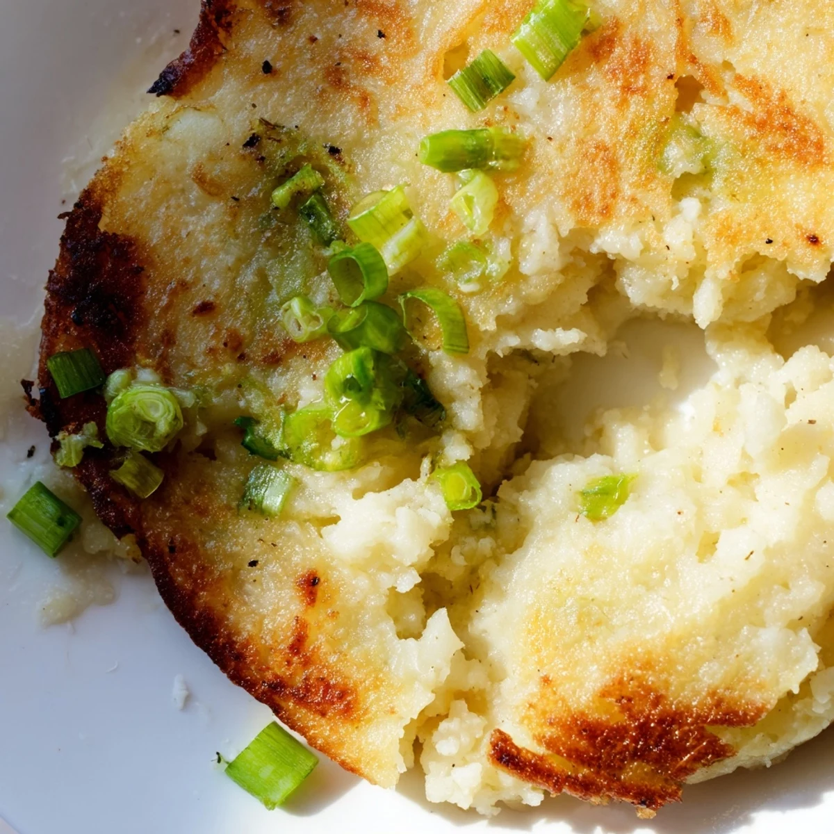 Freshly cooked Irish Potato Cakes with Scallions stacked on a plate, garnished with sour cream and extra scallions.  