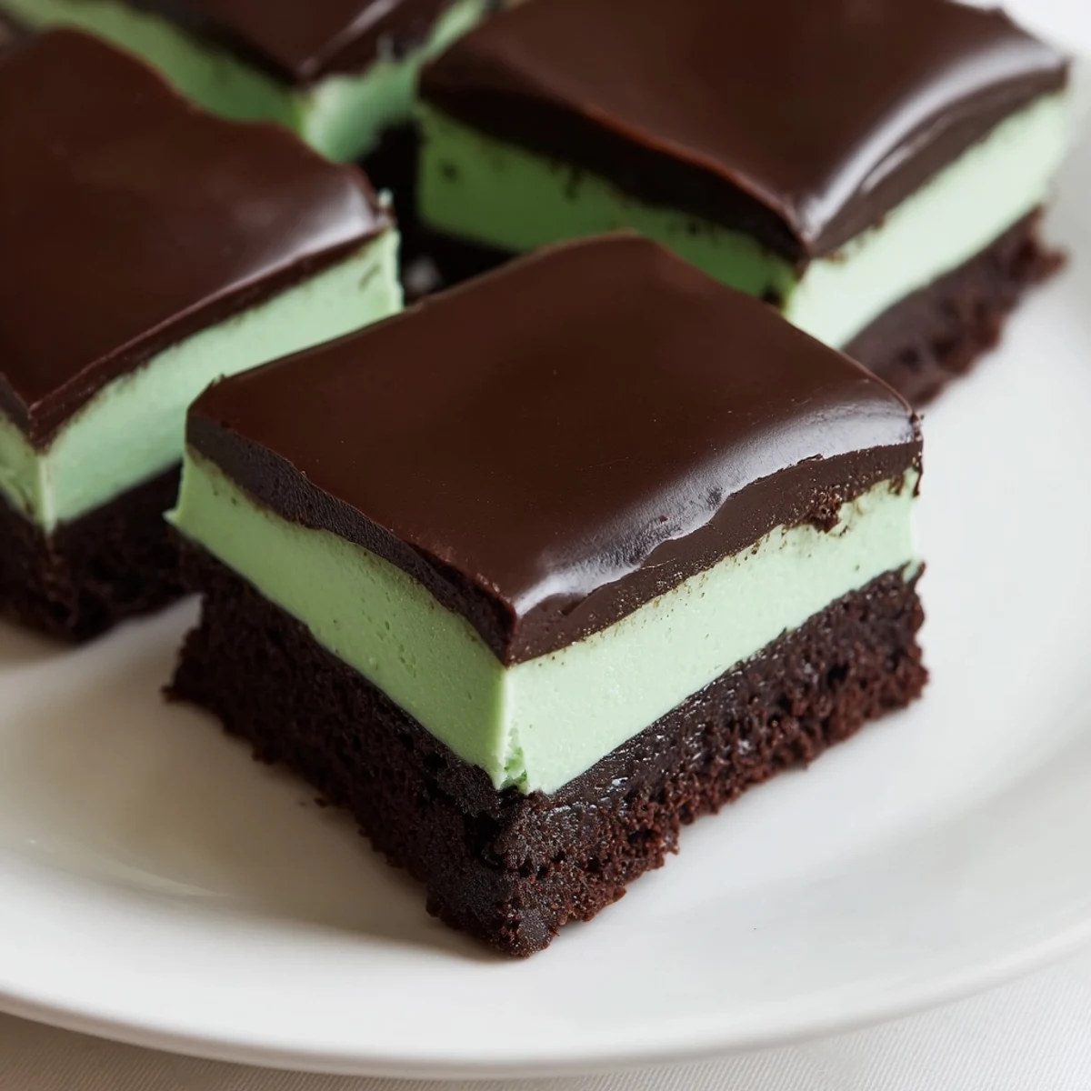 Green Mint Brownies showcase fudgy chocolate layers topped with creamy mint frosting and glossy ganache.