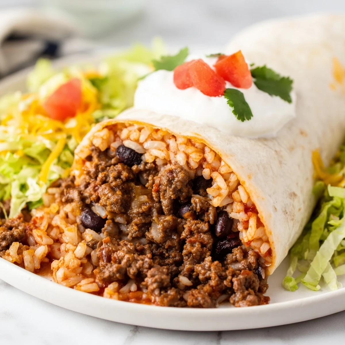 A warm flour tortilla stuffed with seasoned ground beef, creamy black beans, and fluffy cumin rice for a hearty Beef Burrito with Beans and Rice.