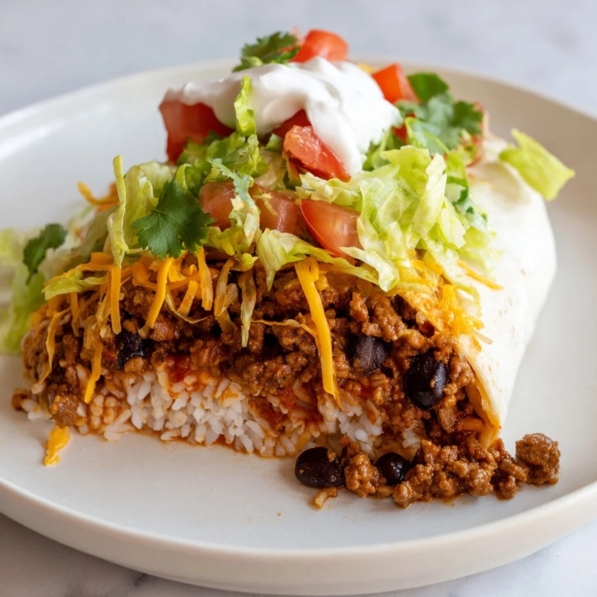 Close-up of a freshly assembled Beef Burrito with Beans and Rice on a plate, revealing melted cheddar cheese, diced tomatoes, and shredded lettuce inside.