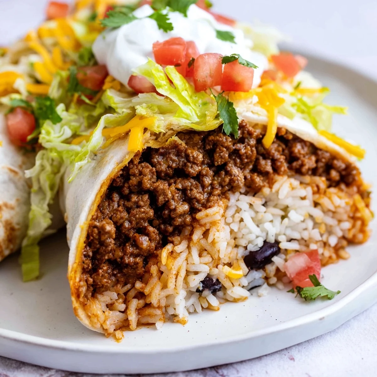 A satisfying lunch or dinner Beef Burrito with Beans and Rice, garnished with fresh cilantro and a dollop of sour cream on the side.