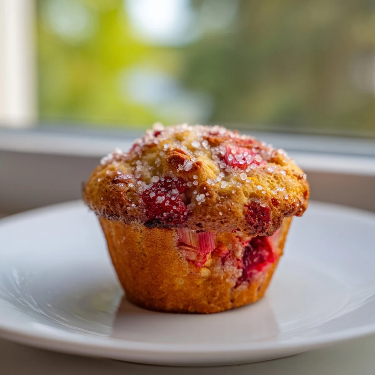 Freshly baked Strawberry Rhubarb Muffins cooling on a wire rack with coarse sugar topping, perfect for breakfast.