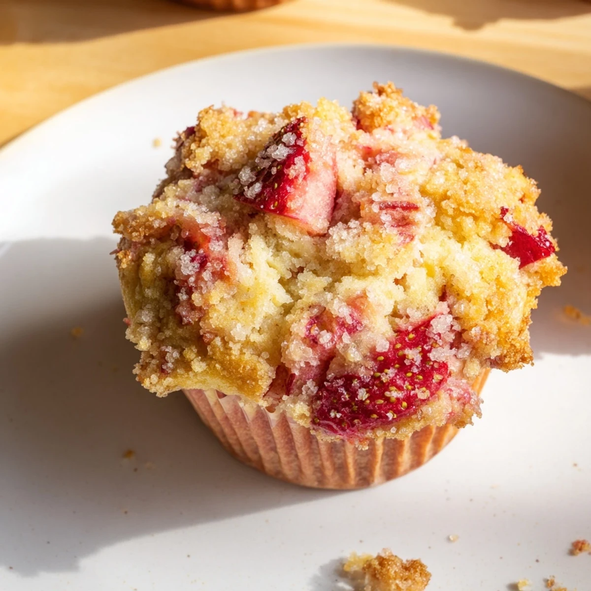 Moist and tender Strawberry Rhubarb Muffins studded with red berries and green rhubarb pieces on a white plate.