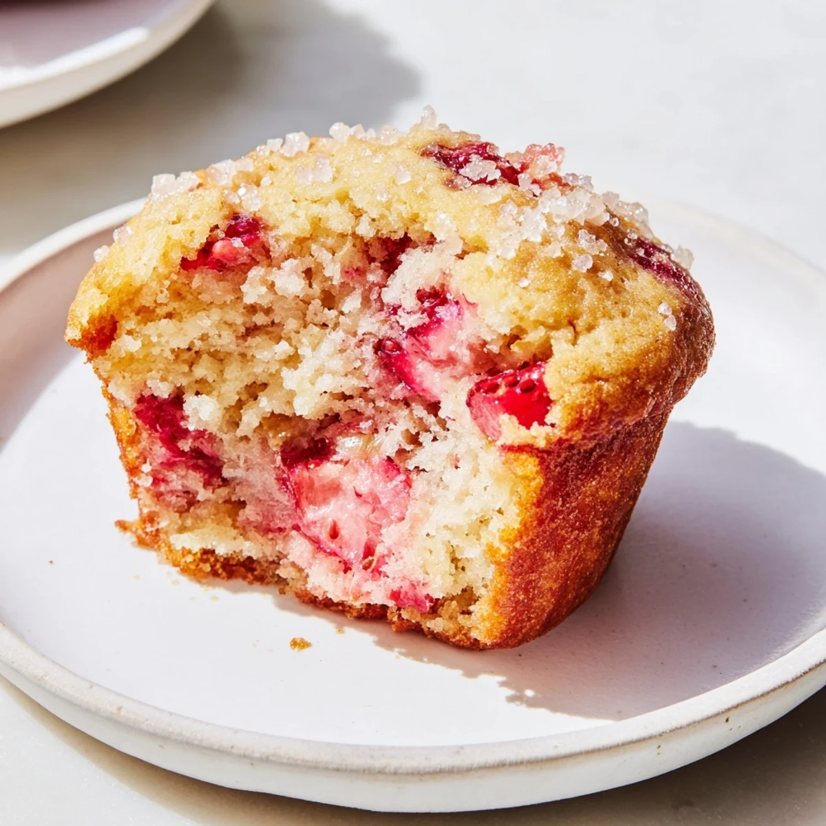 Warm Strawberry Rhubarb Muffins with crumbly tops and a slice revealing juicy filling, ideal for an afternoon snack.
