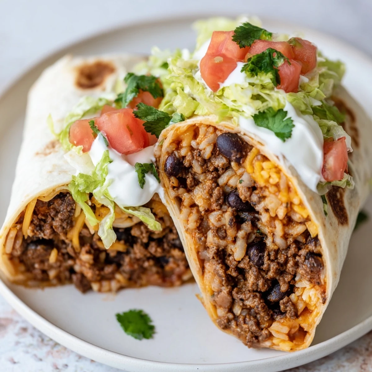 A close-up of a warm Beef Burrito with Beans and Mexican Rice, filled with seasoned beef, creamy beans, and fluffy rice.