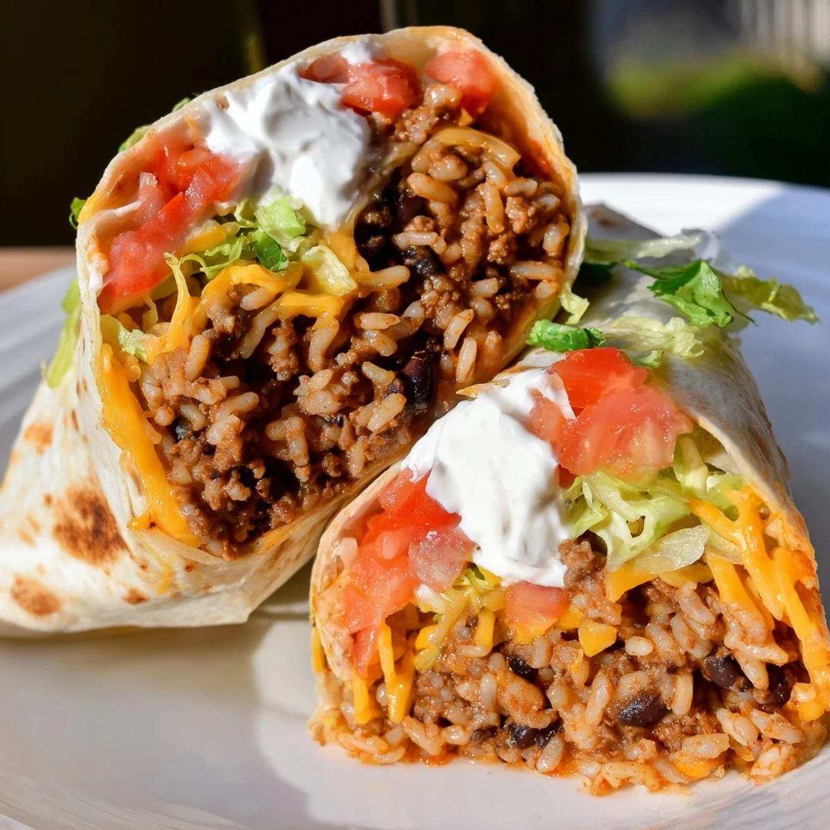 Close-up of a cut Beef Burrito with Beans and Mexican Rice showing juicy beef, black beans, and melted cheese inside.