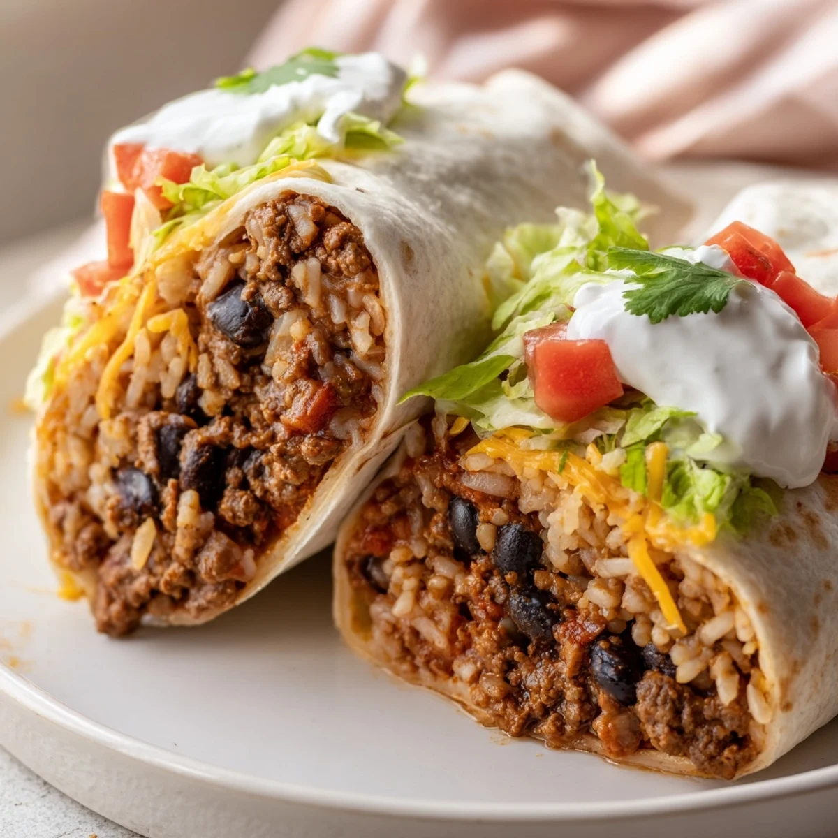 A plated Beef Burrito with Beans and Mexican Rice, garnished with sour cream and fresh cilantro, ready to serve.