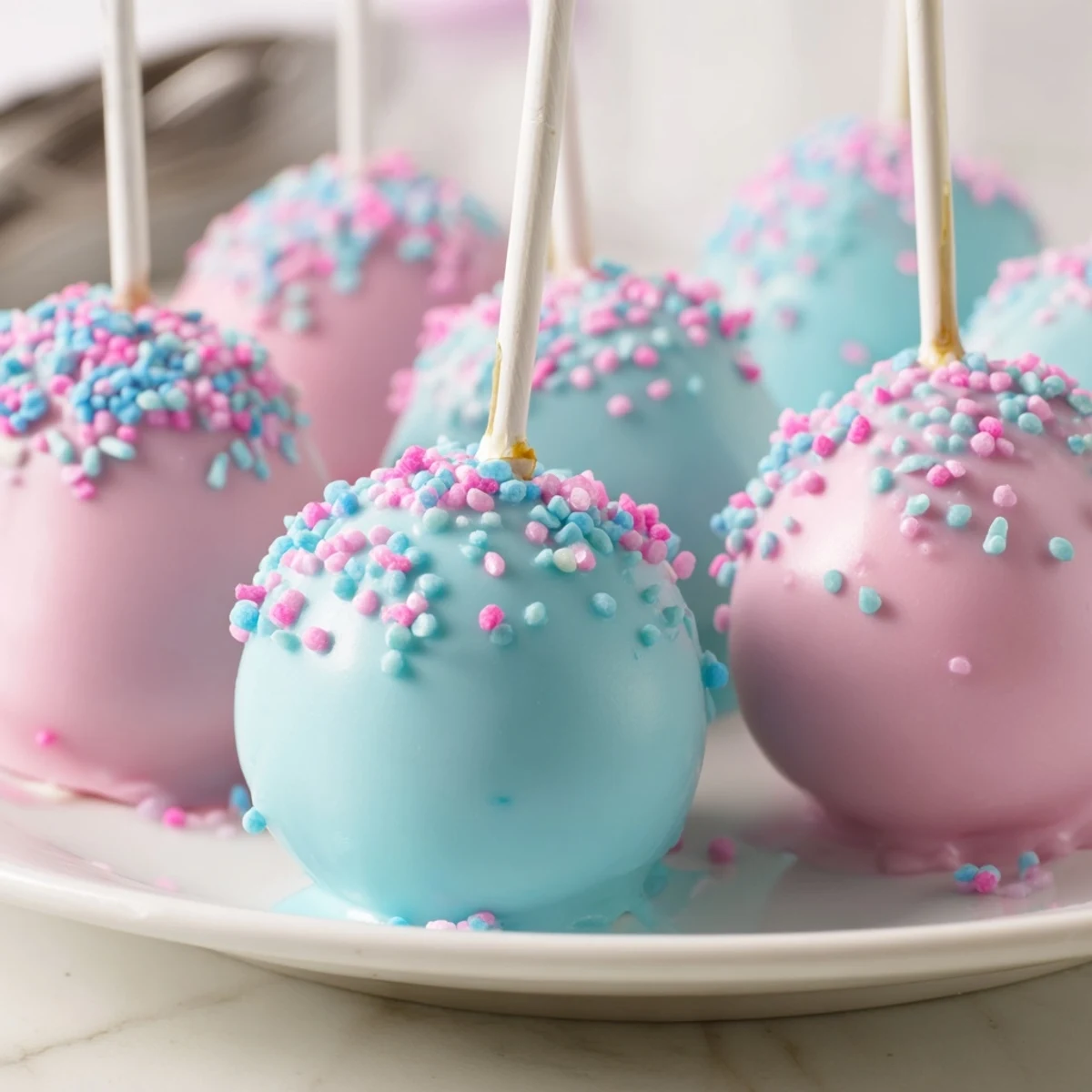 Homemade Easter Egg Cake Pops in pastel colors, decorated with sprinkles and displayed in a white ceramic vase.