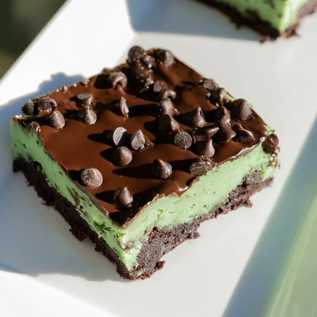 Warm, fudgy green mint brownies with chocolate chips sit on a cooling rack, ready to slice.  