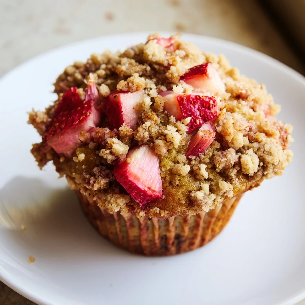 Freshly baked Strawberry Rhubarb Muffins with Streusel cooling on a wire rack, showcasing golden tops and juicy fruit chunks.