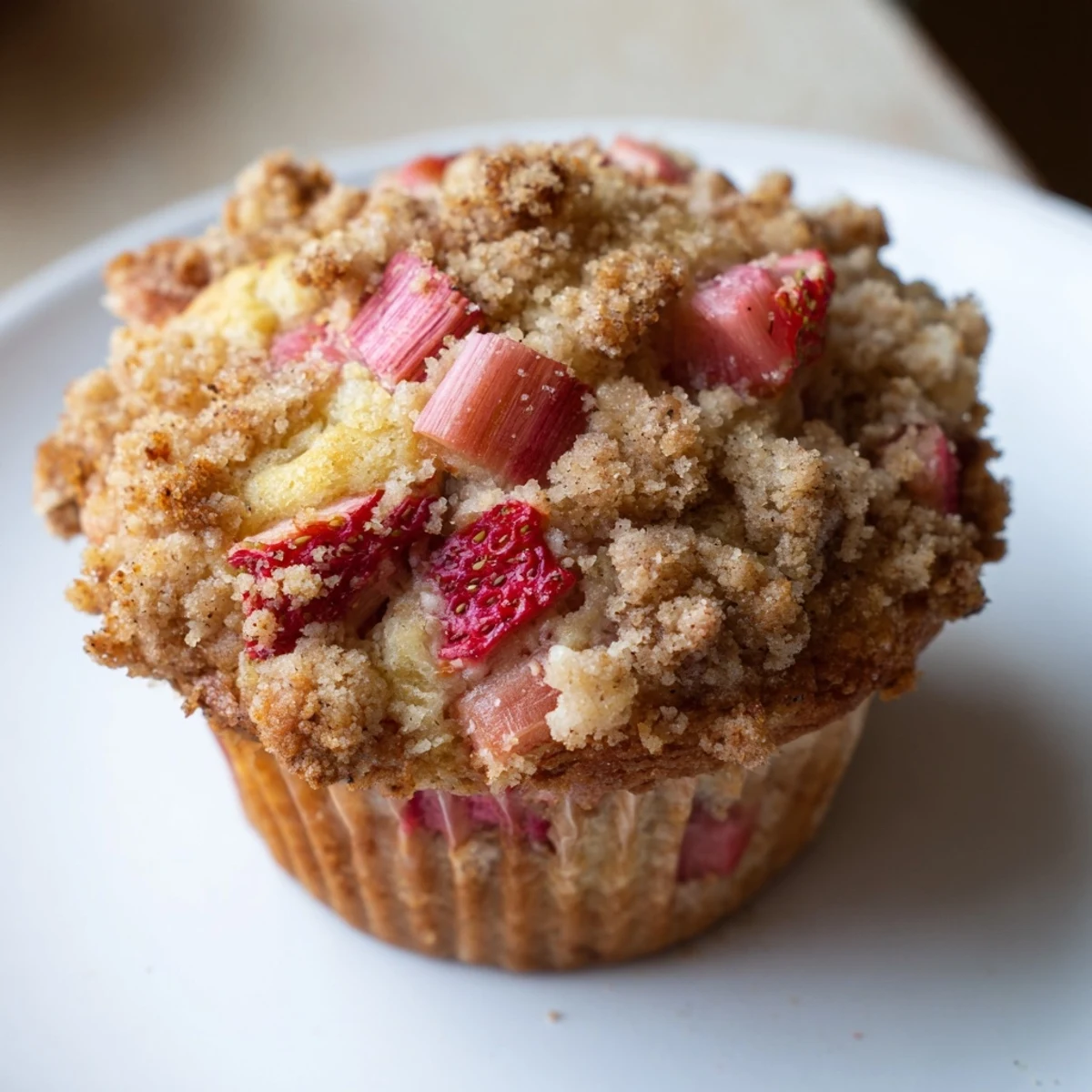 A close-up view of a moist Strawberry Rhubarb Muffin with Streusel broken open to reveal tender strawberries and tangy rhubarb filling.