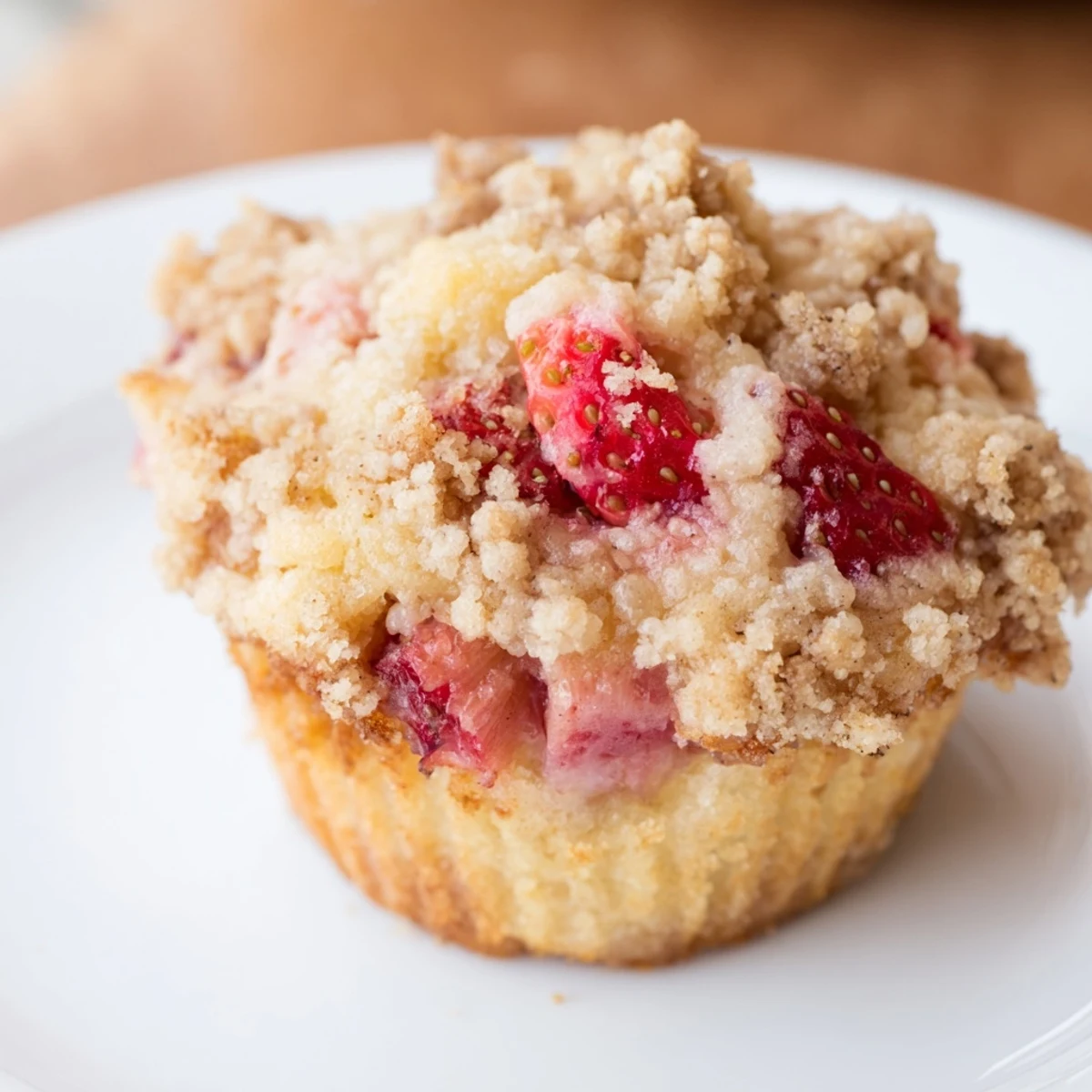 Golden-brown Strawberry Rhubarb Muffins with Streusel arranged in a tin, perfect for a sweet American breakfast or snack.