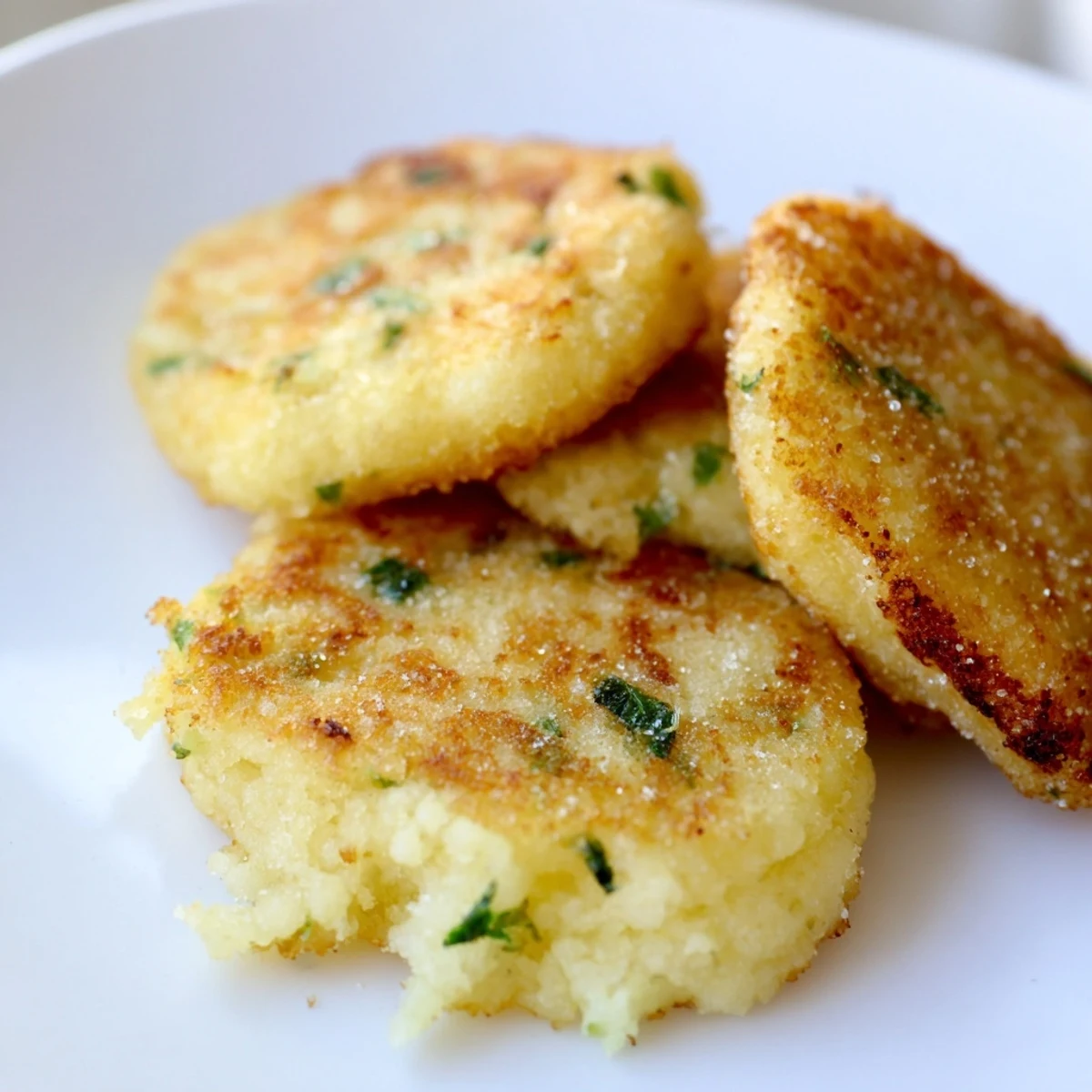 Golden-brown Irish Potato Cakes with Scallions served warm with a dollop of sour cream.
