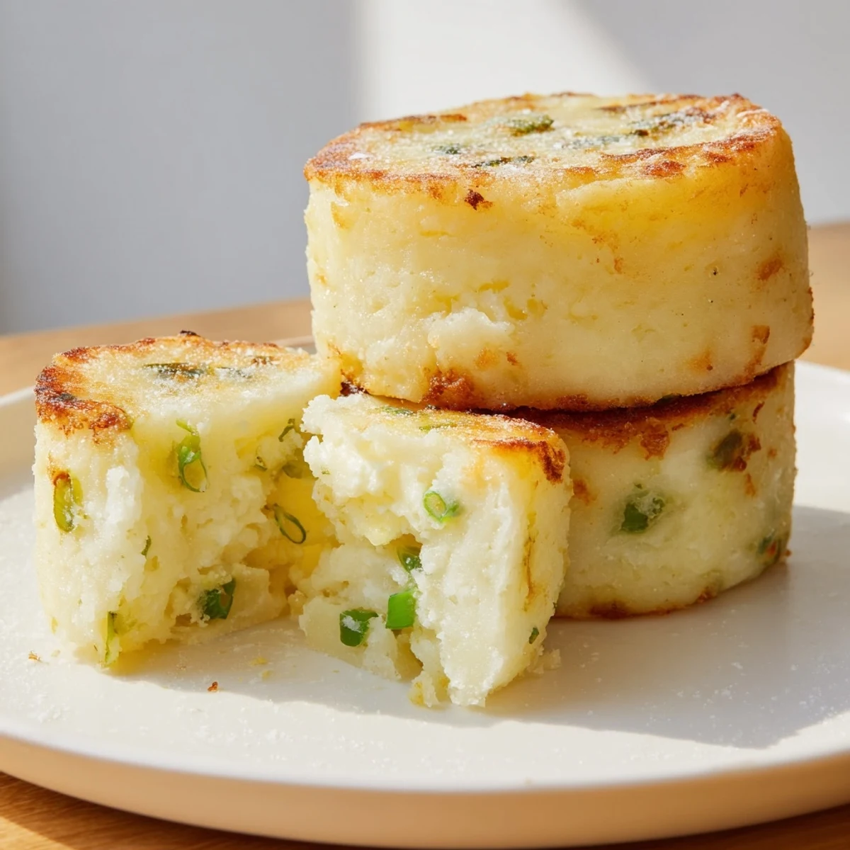 Freshly fried Irish Potato Cakes with Scallions on a rustic plate for breakfast.