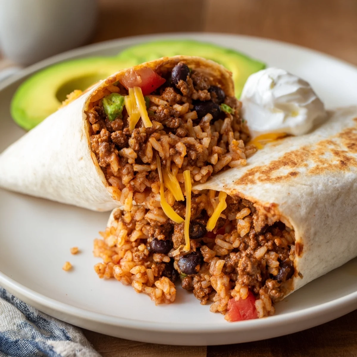 A close-up of a warm flour tortilla wrapped Beef Burrito with Beans and Mexican Rice, filled with seasoned ground beef and melted cheese.