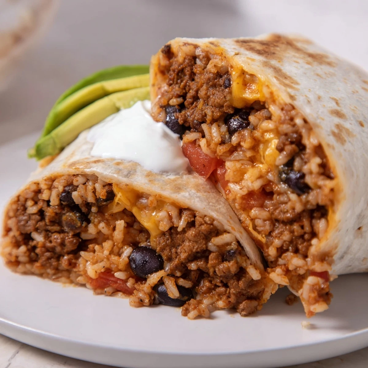 A cut-open Beef Burrito with Beans and Mexican Rice shows fluffy rice, creamy black beans, and tender beef on a rustic plate.