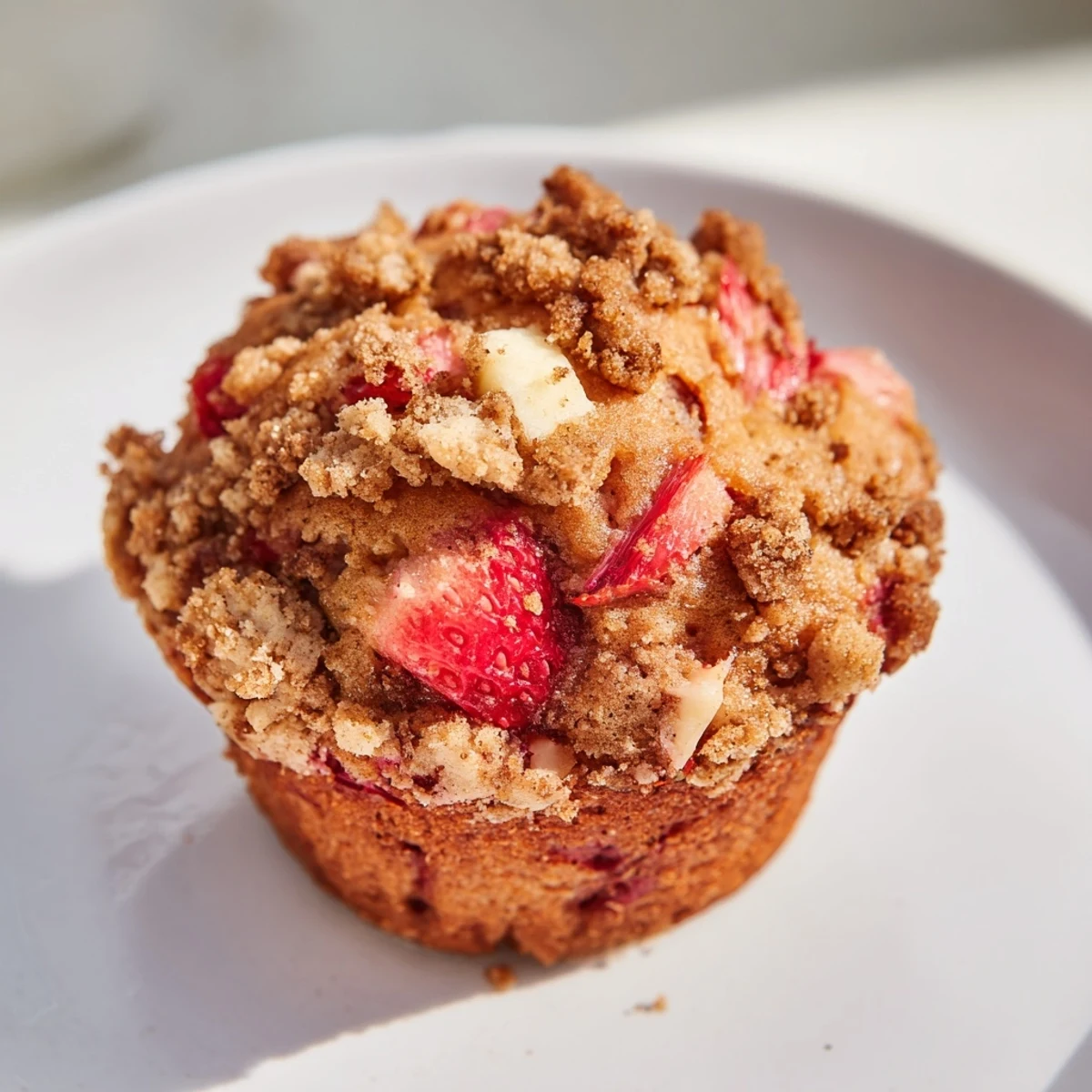 Golden-brown Strawberry Rhubarb Muffins with Streusel are displayed on a rustic wooden board, showcasing the moist, fluffy crumb and chunky fruit pieces inside. 