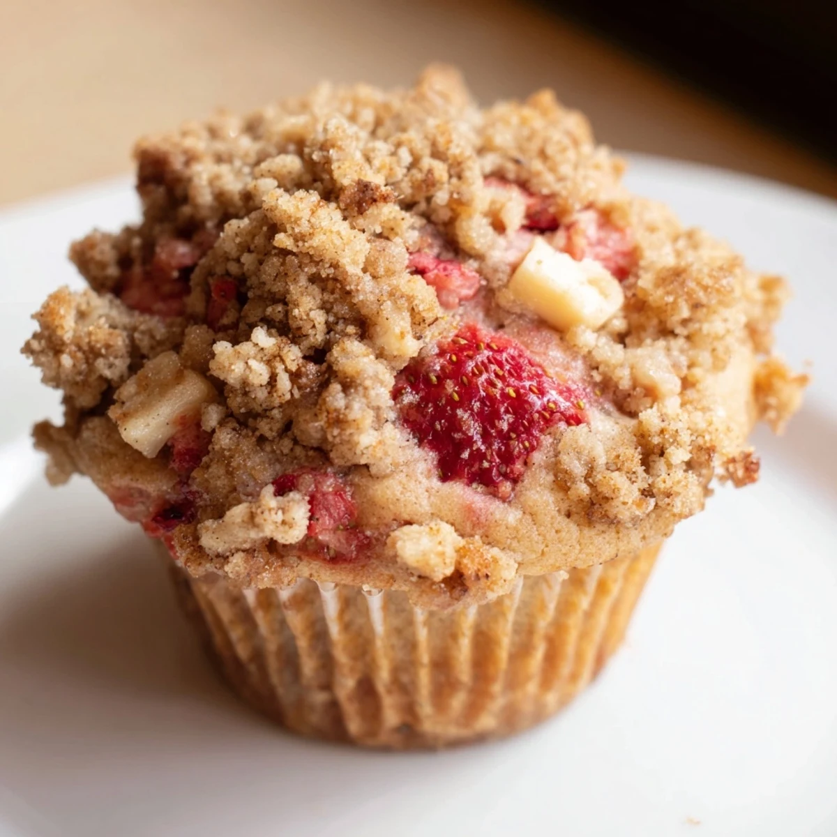 A close-up shot highlights the crunchy cinnamon streusel topping on these freshly baked Strawberry Rhubarb Muffins, with vibrant pink rhubarb peeking through the golden crumbs. 