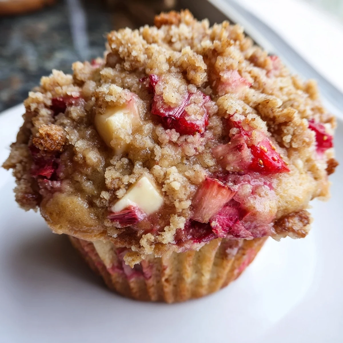A warm batch of Strawberry Rhubarb Muffins with Streusel rests on a cooling rack, revealing a tender interior and sweet, tart fruit filling in this American breakfast treat.