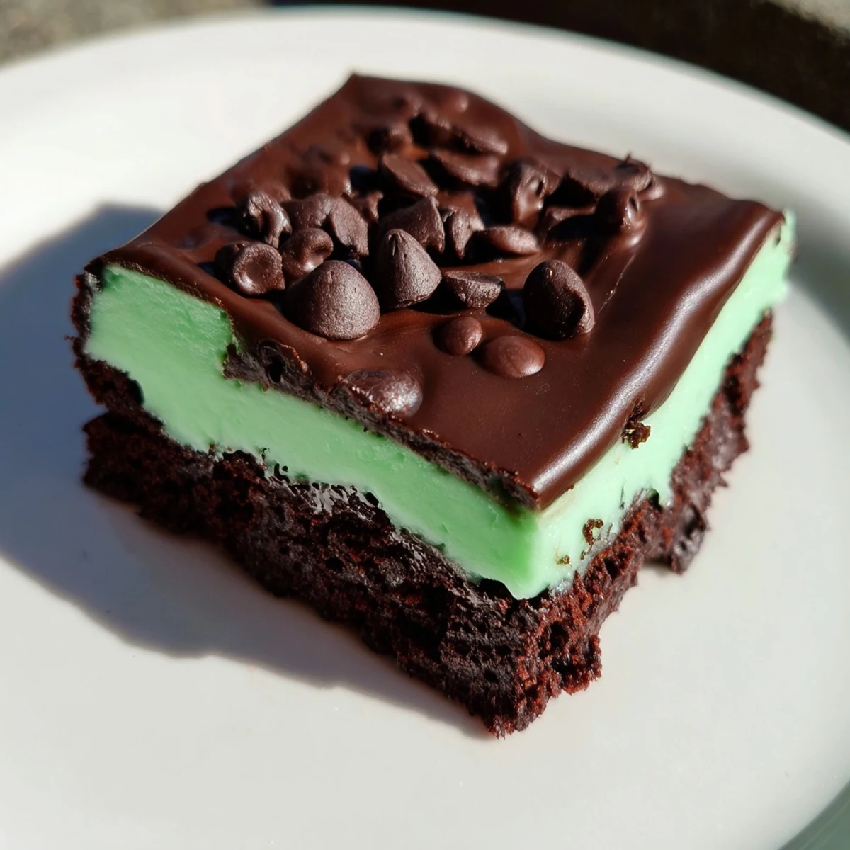 Deep green mint brownies topped with glossy ganache, featuring melted chocolate chips throughout for a fudgy American dessert.
