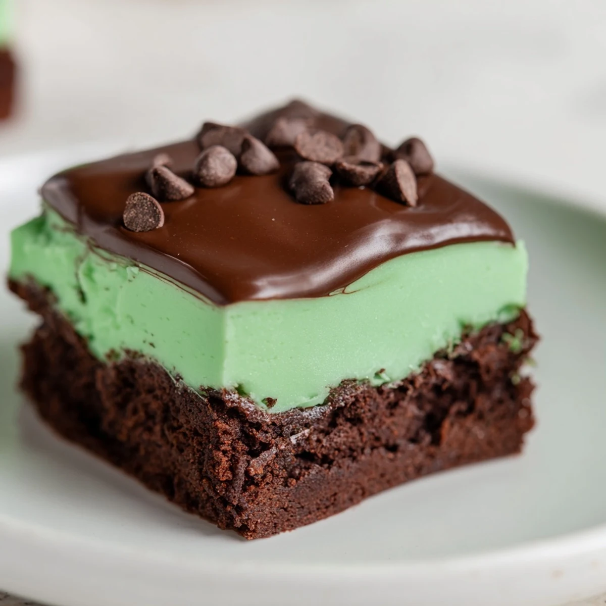 Fudgy green mint brownies with chocolate chips are stacked high, ready to serve at a festive holiday party.