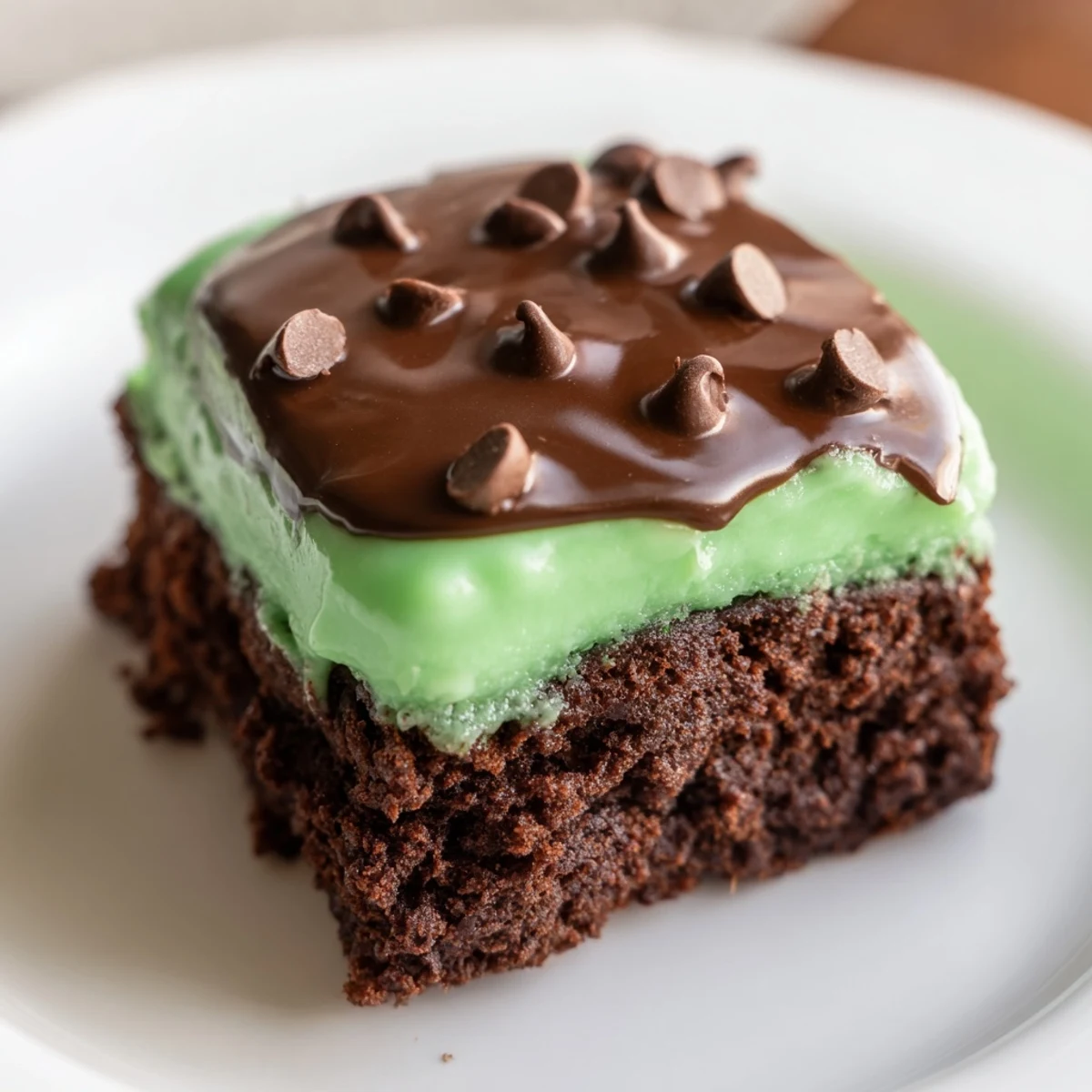 Sliced squares of Green Mint Brownies with Chocolate Chips reveal a moist crumb and vibrant mint swirl layer.