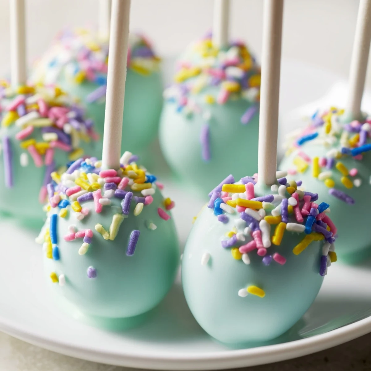Close-up of Easter Egg Cake Pops with Sprinkles, each egg-shaped pop dipped in glossy candy coating and generously topped with colorful decorative sprinkles.