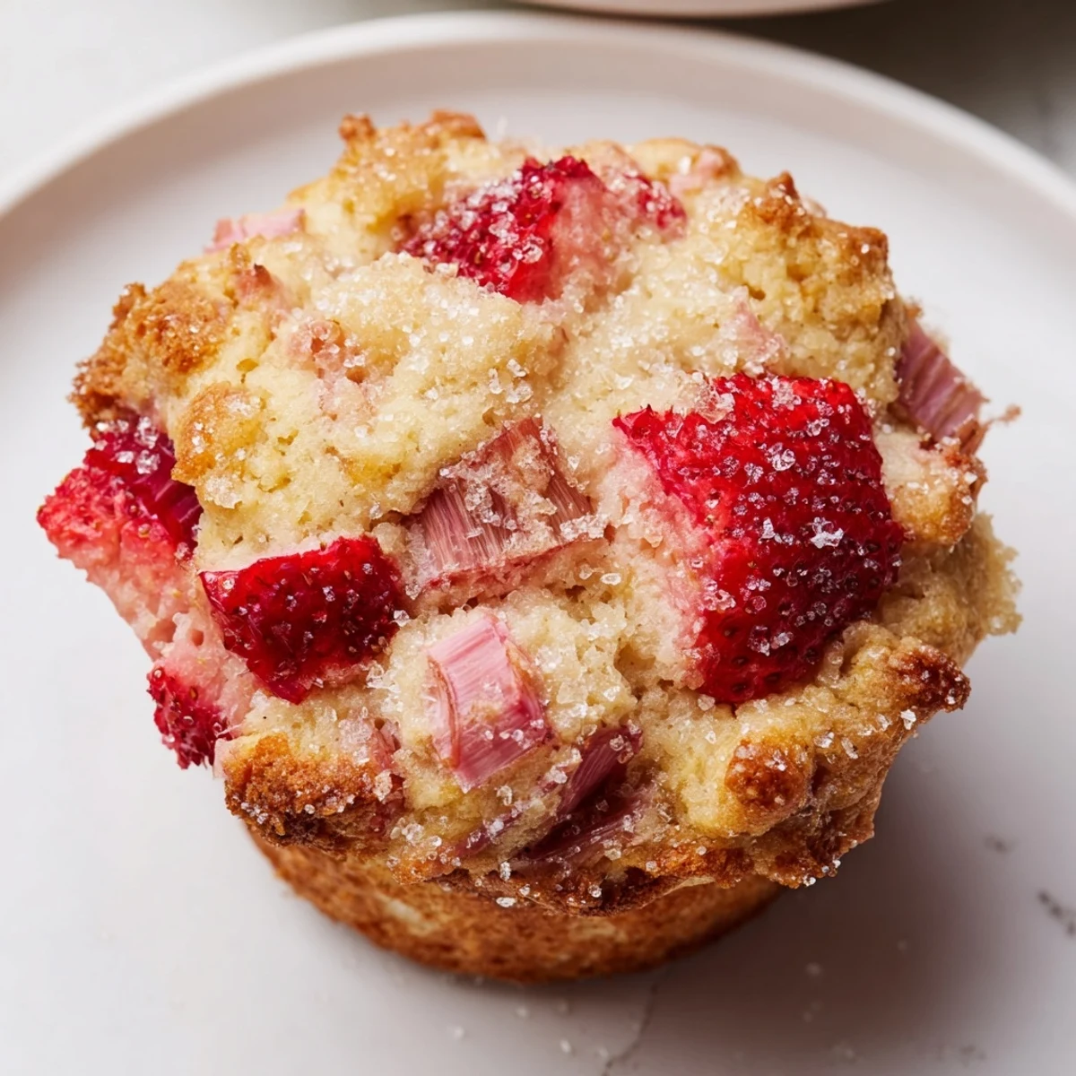 Stack of warm Strawberry Rhubarb Muffins served on a rustic plate with melting butter pat nearby.